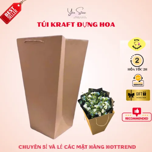 Set 10 Túi Giấy Kraft Đựng Hoa – Túi Giấy Xi Măng Có Quai Xách Đựng Hoa Kích Thước 15x27x40